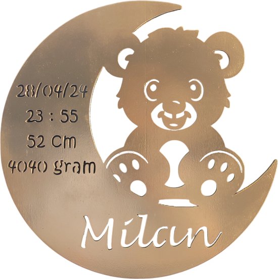 Gepersonaliseerd Houten Geboortebord met Maan en Beer - Uniek Kraamcadeau met Naam, Geboortedatum, Gewicht en Lengte - 38cm - Goud van Merkloos