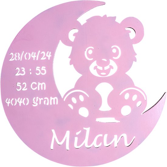 Gepersonaliseerd Houten Geboortebord met Maan en Beer - Uniek Kraamcadeau met Naam, Geboortedatum, Gewicht en Lengte - 38cm - Roze van RUCKFIELD KIDS