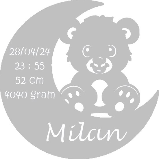 Gepersonaliseerd Houten Geboortebord met Maan en Beer - Uniek Kraamcadeau met Naam, Geboortedatum, Gewicht en Lengte - 38cm - Zilver van By Romi
