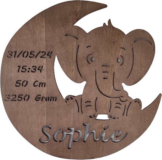Gepersonaliseerd Houten Geboortebord met Maan en olifant – Uniek Kraamcadeau met Naam, Geboortedatum, Gewicht en Lengte - 38cm - Palisander hout van Ukkiepukkie