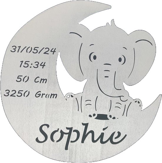 Gepersonaliseerd Houten Geboortebord met Maan en olifant – Uniek Kraamcadeau met Naam, Geboortedatum, Gewicht en Lengte - 38cm - Zilver van Little Stars®