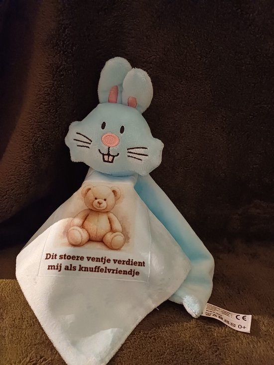 Gepersonaliseerd knuffeldoekje Konijn Blauw – Eigen foto en tekst mogelijk – Zacht pluche voor baby’s en kinderen – Uniek kraamcadeau van Merkloos