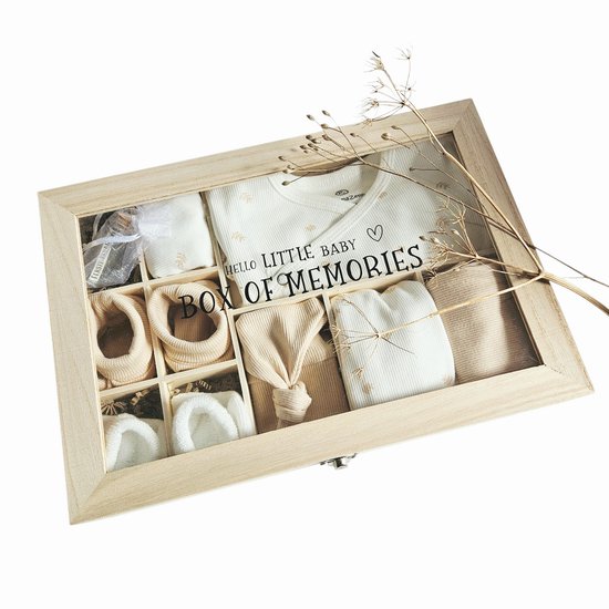 Gepersonaliseerd Kraamcadeau Unisex Beige Wit - baby geschenkset neutraal - herinneringsdoos baby - kraamcadeau - baby memorie box - babyshower cadeau - babycadeau - 10 in 1 kado - cadeau met naam