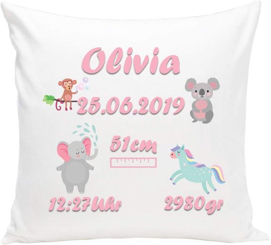 Gepersonaliseerd kussen met naam en geboortedatum voor baby's en pasgeborenen van Merkloos