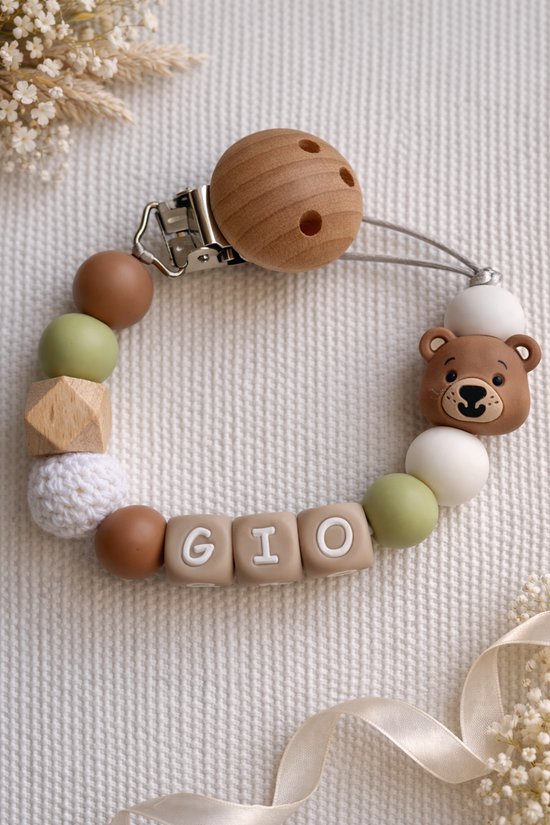 Gepersonaliseerd speenkoord met naam - beer-groen-beige - babycadeau&kraamcadeau - speenketting - baby van Merkloos