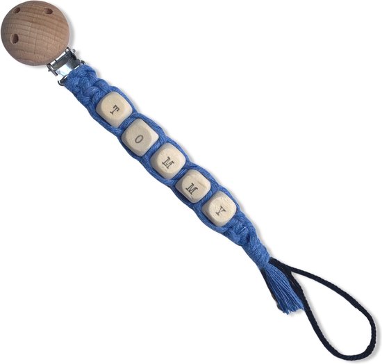 Gepersonaliseerd Speenkoord 'Rocky' - Blauw - Katoen - Macramé - Handgemaakt in Nederland - Inclusief Verzendkosten van Meyco