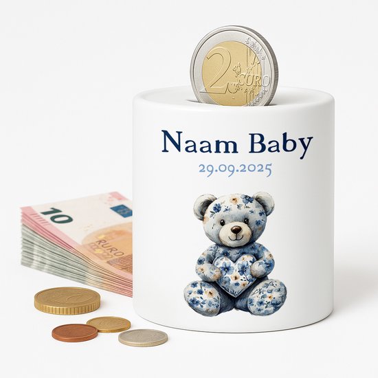Gepersonaliseerde Baby Spaarpot – Met Naam en Geboortedatum – Blauw Beertje van Merkloos