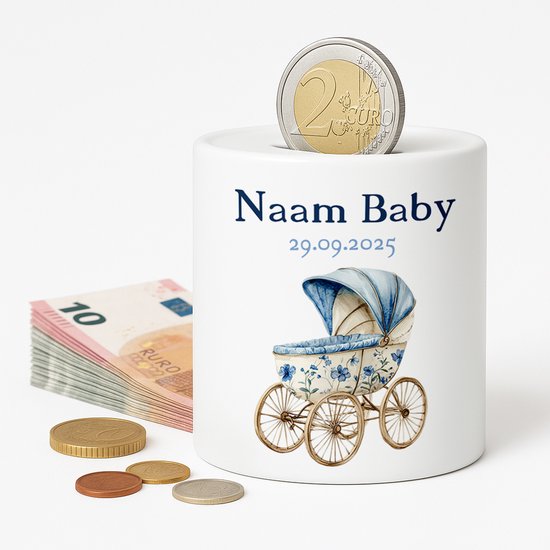 Gepersonaliseerde Baby Spaarpot – Met Naam en Geboortedatum – Blauw Kinderwagen van Merkloos