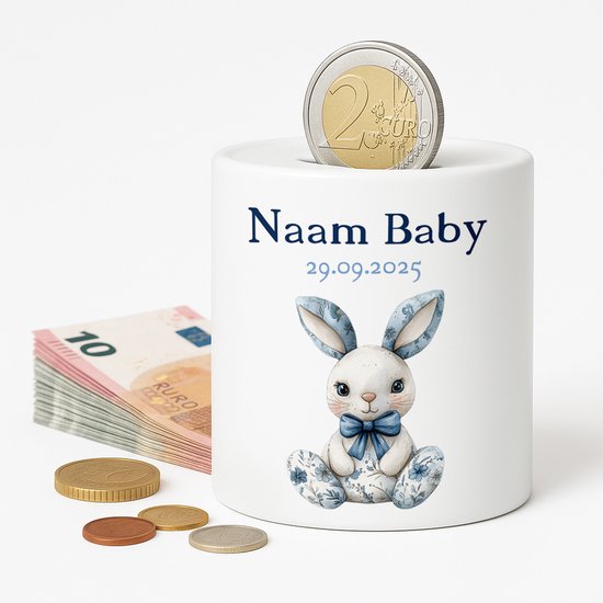 Gepersonaliseerde Baby Spaarpot – Met Naam en Geboortedatum – Blauw Konijntje van Merkloos