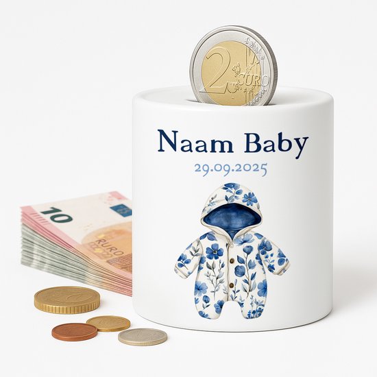 Gepersonaliseerde Baby Spaarpot – Met Naam en Geboortedatum – Blauw Rompertje van Merkloos