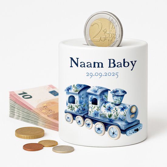 Gepersonaliseerde Baby Spaarpot - Met Naam en Geboortedatum - Blauw Treintje van LP Creation Studio