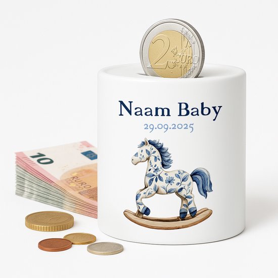 Gepersonaliseerde Baby Spaarpot - Met Naam en Geboortedatum - Blauwe Hobbelpaard van Merkloos