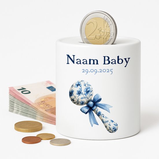 Gepersonaliseerde Baby Spaarpot – Met Naam en Geboortedatum – Blauwe Rammelaar van Merkloos