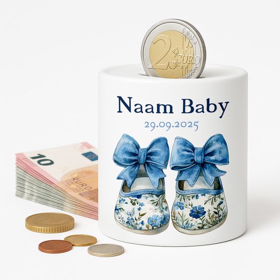 Gepersonaliseerde Baby Spaarpot – Met Naam en Geboortedatum – Blauwe Schoentjes van Lilly & Sam
