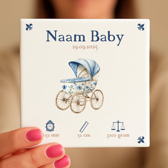 Gepersonaliseerde Baby Tegeltje – Met Naam, Geboortedatum, Gewicht, Lengte en Tijd – Blauw Kinderwagen van SmartPrints