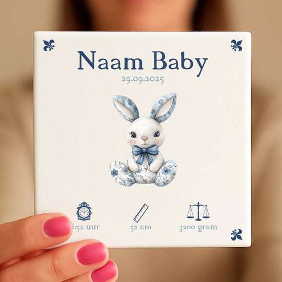 Gepersonaliseerde Baby Tegeltje – Met Naam, Geboortedatum, Gewicht, Lengte en Tijd – Blauw Konijntje van Smartphoto