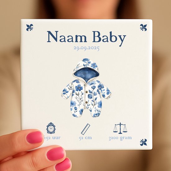 Gepersonaliseerde Baby Tegeltje - Met Naam, Geboortedatum, Gewicht, Lengte en Tijd - Blauw Rompertje van Hout en Plezier