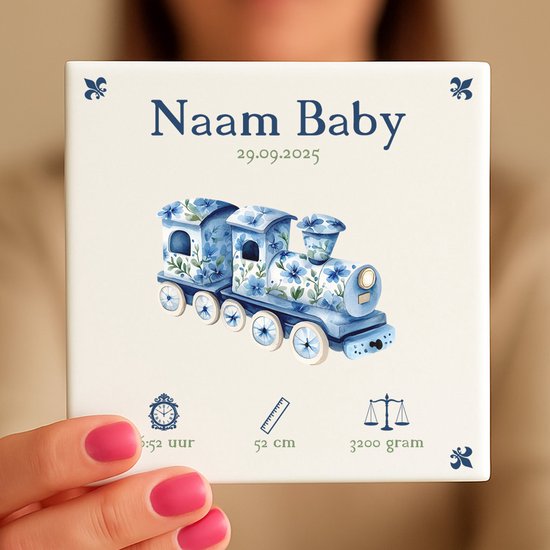 Gepersonaliseerde Baby Tegeltje – Met Naam, Geboortedatum, Gewicht, Lengte en Tijd – Blauw Treintje van SmartPrints