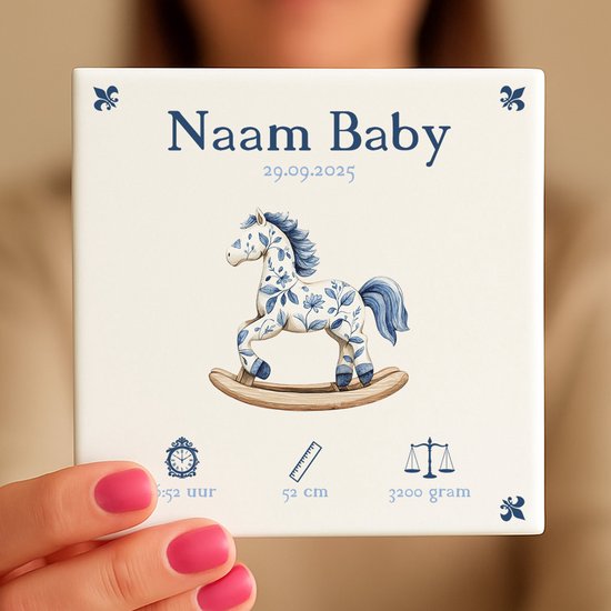 Gepersonaliseerde Baby Tegeltje - Met Naam, Geboortedatum, Gewicht, Lengte en Tijd - Blauwe Hobbelpaard van Smartprintingtile