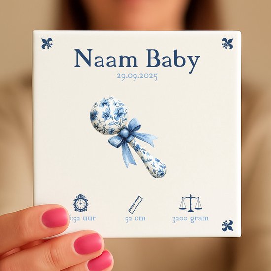 Gepersonaliseerde Baby Tegeltje – Met Naam, Geboortedatum, Gewicht, Lengte en Tijd – Blauwe Rammelaar van Smartphoto