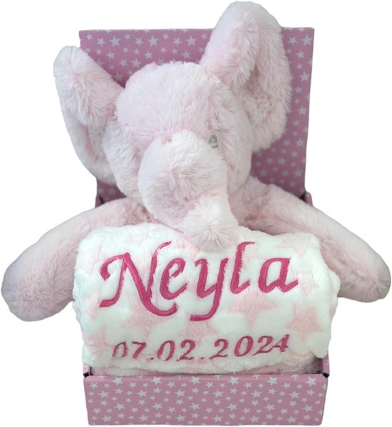 Gepersonaliseerde Babyset Cadeau: Knuffeldeken met Naam en Geboortedatum en Pluche Knuffel (Roze Olifant) van Merkloos