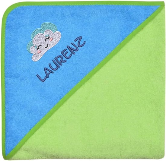 Gepersonaliseerde Capuchonhanddoek voor Baby en Kind – 100x100 cm – Zacht Katoen – Met Naam en Motief – Groen-Turquoise