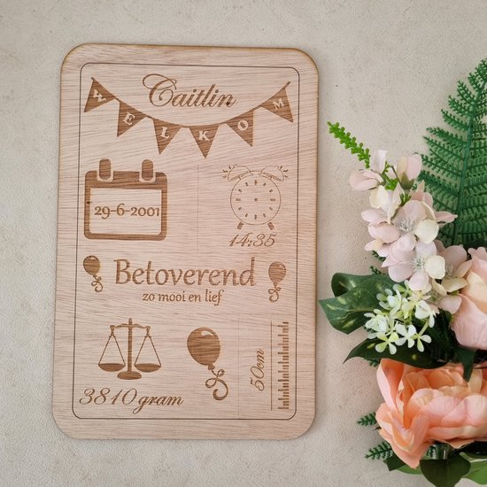 Gepersonaliseerde geboortebord met naam - kraamcadeau, baby - Geboorte Cadeau - Babyshower - Kraamcadeau van Merkloos