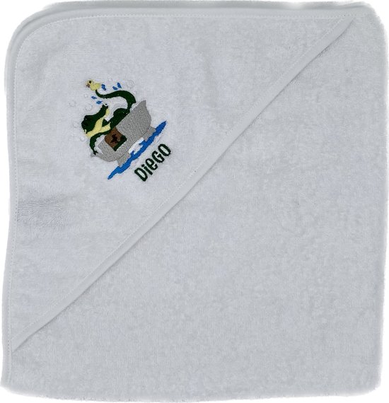 Gepersonaliseerde geborduurde babyhanddoek met capuchon - badcape - krokodil - personalized embroidered baby hooded towel - crocodile alligator - 75 x 75 cm