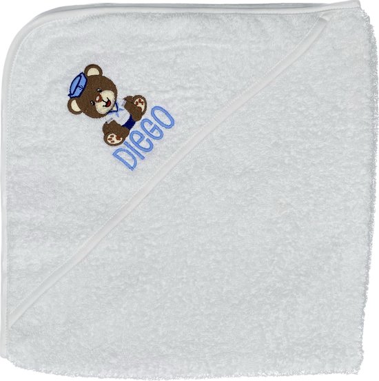 Gepersonaliseerde geborduurde babyhanddoek met capuchon - badcape - matroos teddybeer - personalized embroidered baby hooded towel - sailor teddy bear - 75 x 75 cm van Merkloos