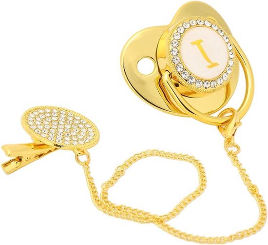 Gepersonaliseerde Gouden Babyfopspeen met Veilige Materialen - 26 Letters - Clips - Pasgeborenen - 6 tot 18 Maanden - Gezond & Bling (I)
