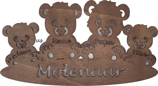 Gepersonaliseerde houten beren familie - geboorte - kraam cadeau - naambord - 38x21cm - Palisander hout van Mipacko