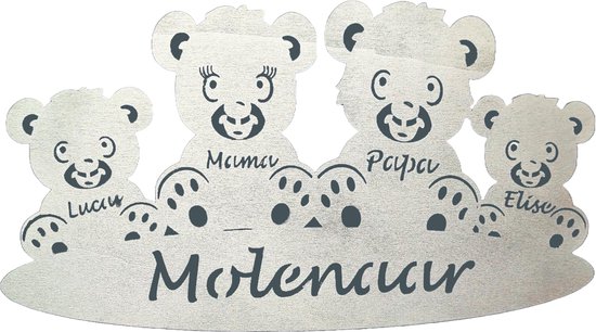 Gepersonaliseerde houten beren familie - geboorte - kraam cadeau - naambord - 38x21cm - Zilver van Little Stars Gifts