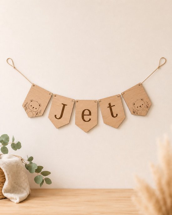 Gepersonaliseerde houten naam slinger – Babykamer decoratie met beertje