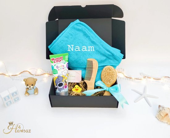 Gepersonaliseerde kraamcadeaus - Babygeschenksets 5 stuks - Hawsaz.nl cadeau - Baby verzorging - Geboortecadeau - babyshower - Babyset - Badcape - Genderneutraal baby cadeau van Hawsaz