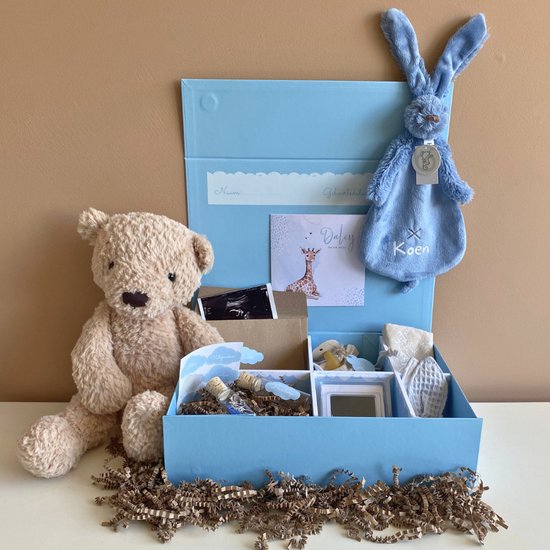 Gepersonaliseerde My Baby Memory Box blauw | 30-delige Baby Herinneringendoos | Kraamcadeau met naam | Baby Geschenkset | Persoonlijk cadeau jongen