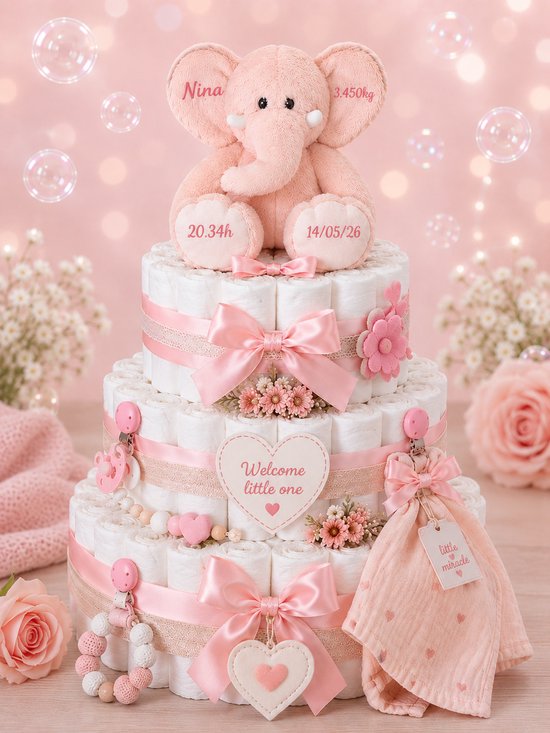 Gepersonaliseerde Olifant Pampertaart Roze – Handgemaakt Kraamcadeau met Naam