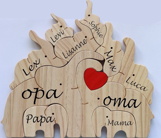 Gepersonaliseerde olifanten familie - geboorte - kraam cadeau - puzzel - 10 olifanten van Merkloos