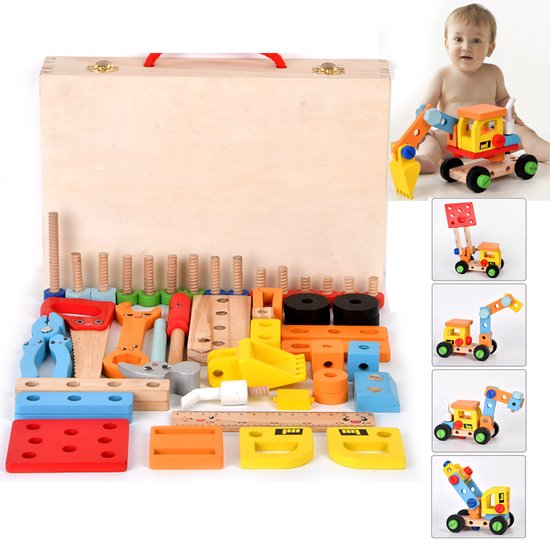 Gereedschapsset voor kinderen – Gereedschapsset voor peuters met gereedschapskist – STEM-bouwspeelgoed voor de kleuterschool (educatief) – Houten gereedschapssets – Cadeau voor Kerst, Pasen of verjaardag