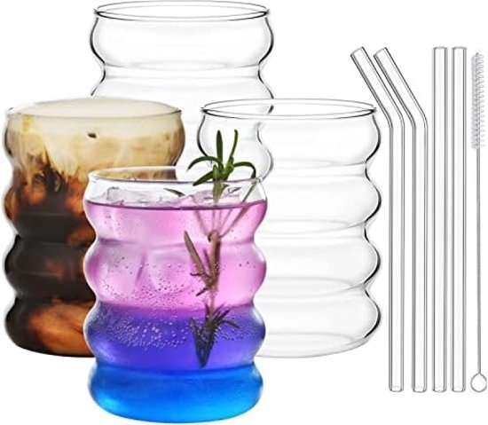 Geribbelde drinkglazen met glazen rietjes, 4-delige set, 350 ml ijskoffieglazen, Wave Tumbler, bierglazen, voor cocktail, melk, water, frisdrank, cadeau met borstel van KADAX