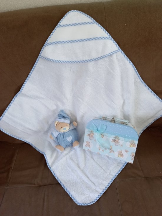 Geschenkdoos blauw (badcape, beer en koffertje) van Bambolino Toys