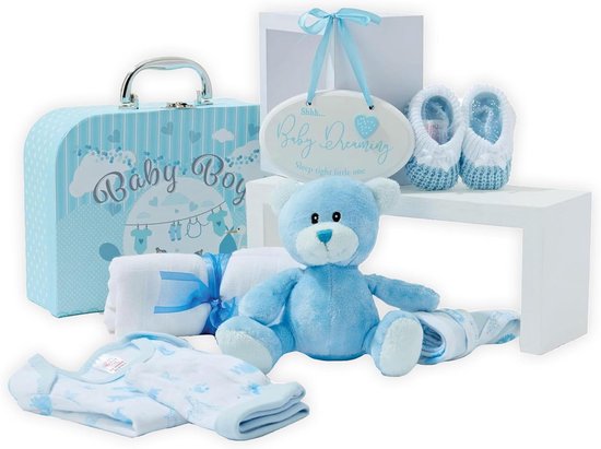 Geschenkmand voor babyfeestjes met fleece, handdoek, babykleding en teddybeer - doopcadeaus voor jongens