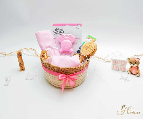 Geschenkset 6 stuks Roze - cadeau mand - kraamcadeaus voor meisje - Hawsaz.nl cadeau - Mini mouse Bijtring - Geschenkset -| Babycadeau | Babyshower | Geboortecadeau | Houten borstel - Babyverzorging van Hawsaz.nl