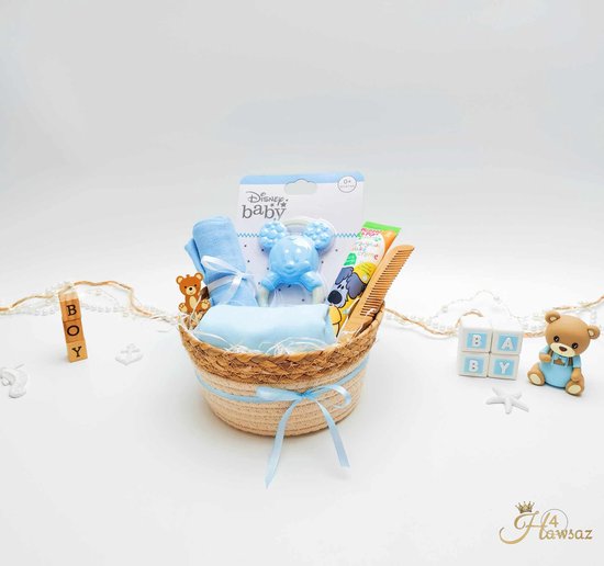 Geschenkset 7 stuks - kraamcadeaus voor jongen - Hawsaz.nl cadeau - Mickey Mouse Bijtring - Bijtring - Geschenkset -| Babycadeau | Babyshower | Geboortecadeau | Houten borstel - Babyverzorging van Hawsaz.nl