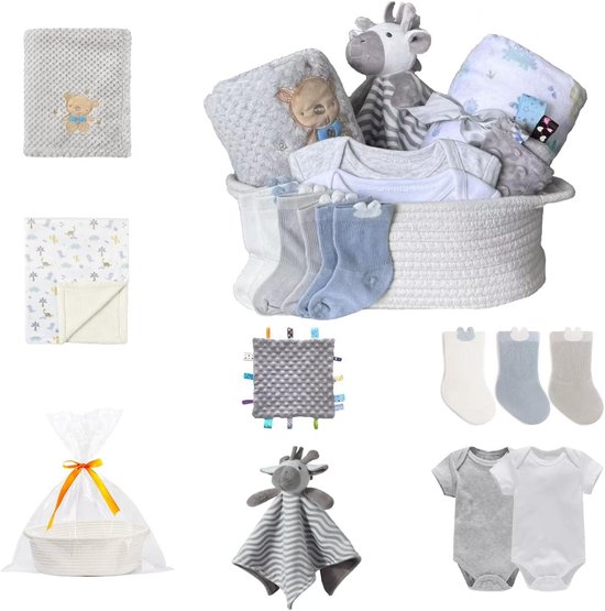 Geschenkset baby meisje jongen, luiertas met 2 dekens, taggie, lovey, 3 sokken, 2 body's, 1 geschenkzak met lint, essentieel voor babyborrel pasgeborenen van Merkloos