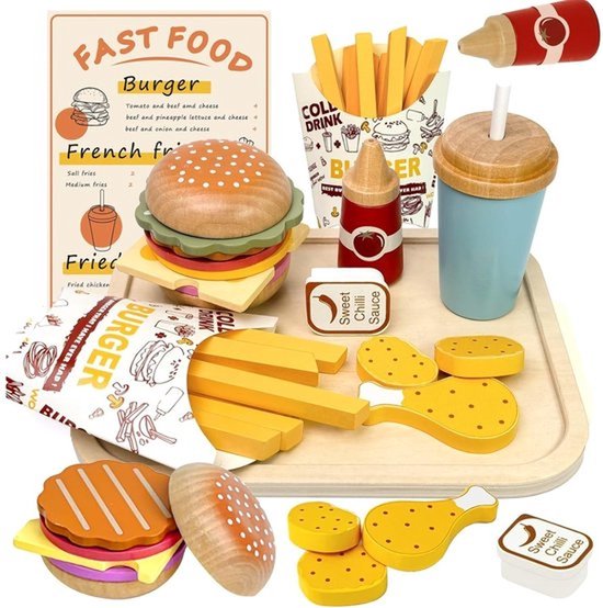 Gesimuleerde fastfoodrestaurant-speelset - Houten speelgoedset voor kinderen, houten hamburgers en frietjes, keukenaccessoires voor peuters