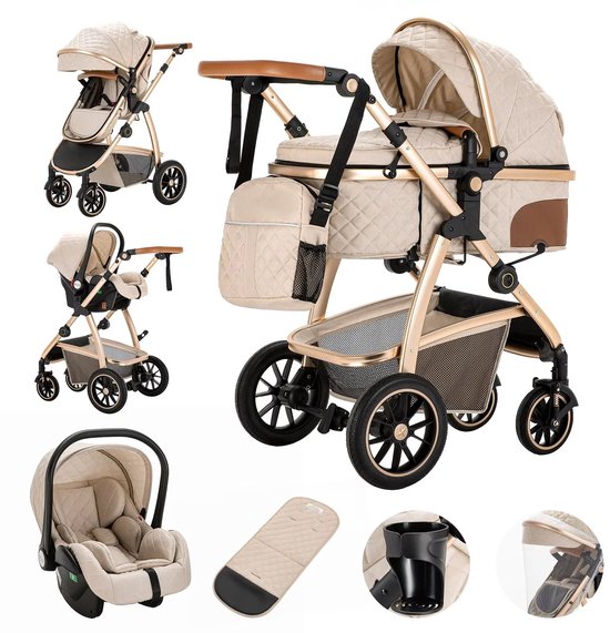 G&G kinderwagen - 3 in 1 - Wandelwagen - Reiswieg - Maxi cosi - Autostoel - Inklapbaar - Regenhoes - Boodschappenmand - Beige