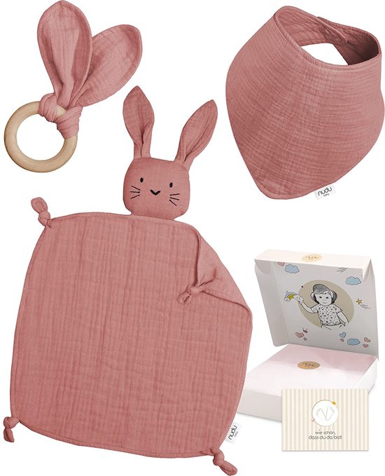 Gift Set - Comfort Blanket - Slabbetje - Bijtring - 100% Katoen - Mousseline Doek - Geschenken voor de geboorte - Baby Gift Boy - Dusky Pink van Nanami