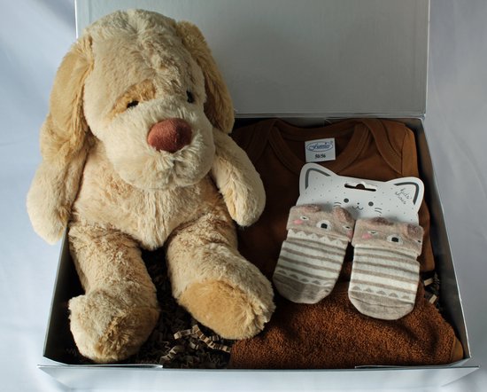 Giftbox Brown Dog - kraamcadeau - cadeau babyshower - knuffelhond - baby geschenk van BamBam