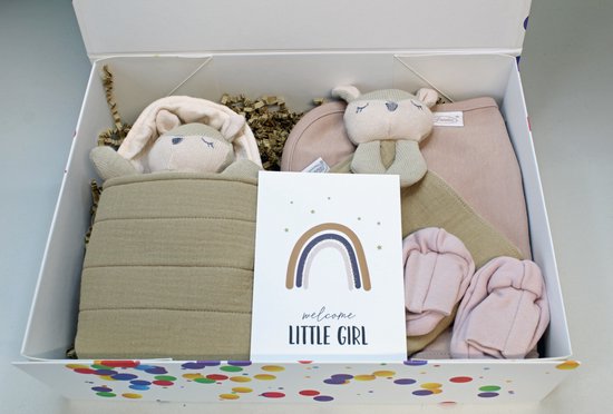 Giftbox 'Nala', kraamcadeau, cadeau baby meisje, kraammand, knuffelvriendje, tutdoekje van Petit Villain