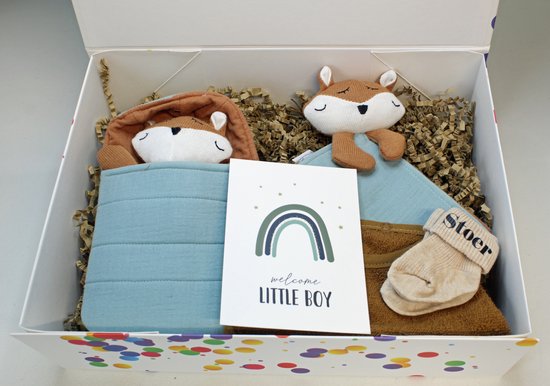Giftbox 'Riva', Kraamcadeau, cadeau babyjongen, kraammand, slaapvriendje, tutdoek van BamBam